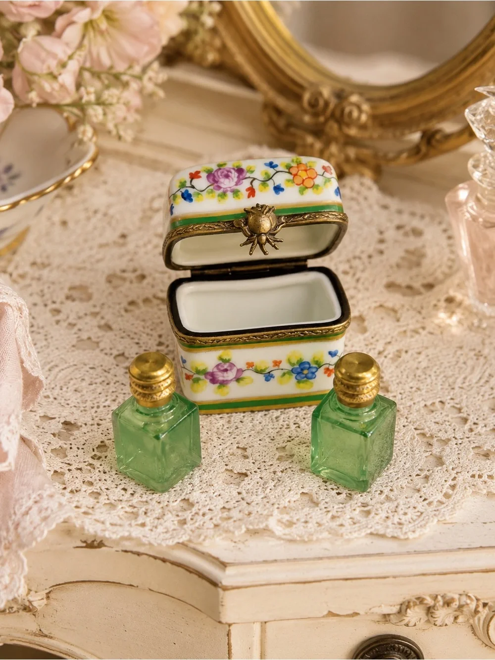 Floral Porcelain Trinket Box with Two Green Glass Bottles